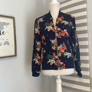 Zara Navy Blue Floral Print Full Zip Lightweight Bomber Jacket Size Small